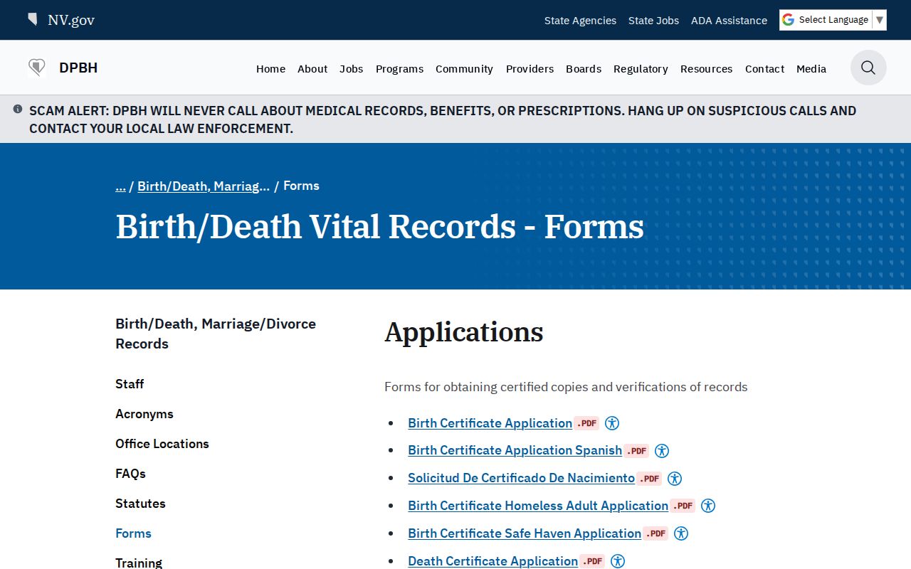 Las Vegas open records forms for Nevada birth and death certificates